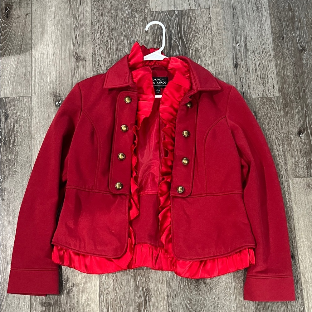 Red women’s short overcoat with ruffles
